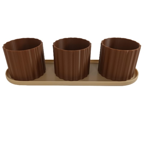 Zestaw 3 Doniczek Osłonek Kwietnik Potrójna Z Podstawką Brązowy Beżowy